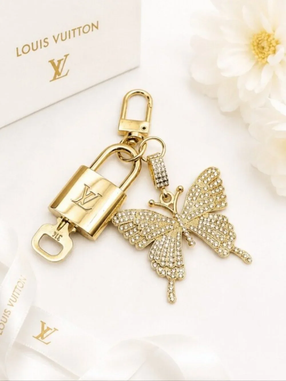Louis Vuitton Gold Lock 🔒 Authentic LV Key + Unbranded Butterfly Bag Charm